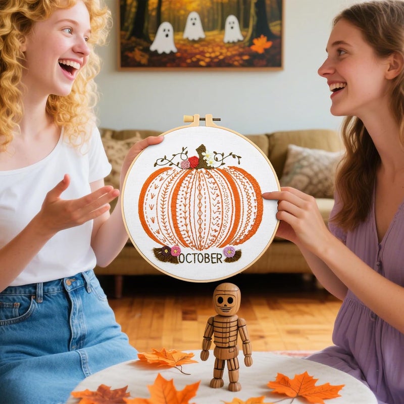 Crafmanoe Easy Beginners Embroidery Stitches Practice Kits for Adults, Fall Pumpkin Embroidery Starters Kits for Beginners to Learn 26 Stitches, Autumn Hand Embroidery Set Craft for Women & Video Tutorial - Image 4